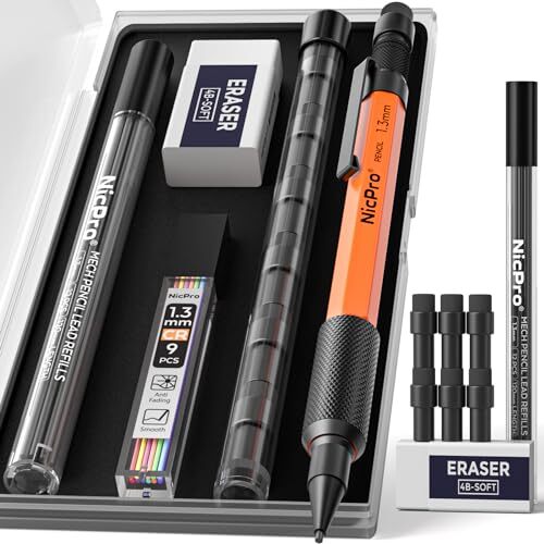 1.3 mm Mechanical Pencils Set with Lead Refill Black & Colors, 1 Pack Orange