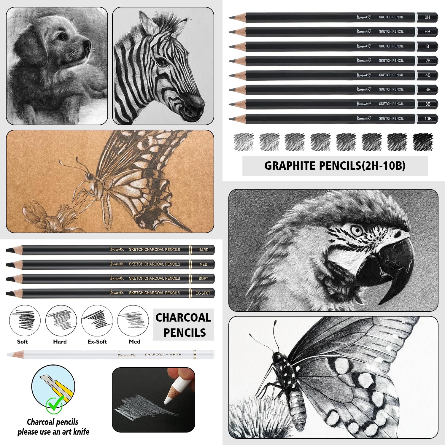 Brusarth Charcoal Pencils for Drawing, Set of 26, Professional Black & White