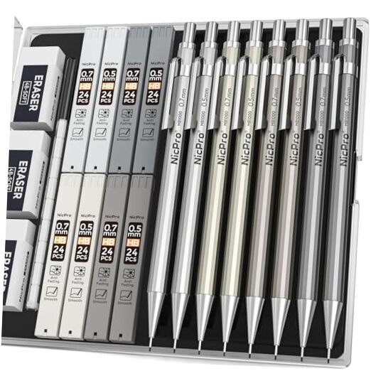 8 Pack 0.5mm & 0.7mm Metal Mechanical Pencil Set, Lead Drafting 0.5mm + 0.7mm