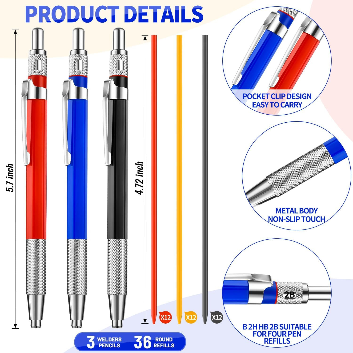 3 Pcs Welders Pencil with 36 Pcs Silver round Refills, Welders Pencil for Metal,