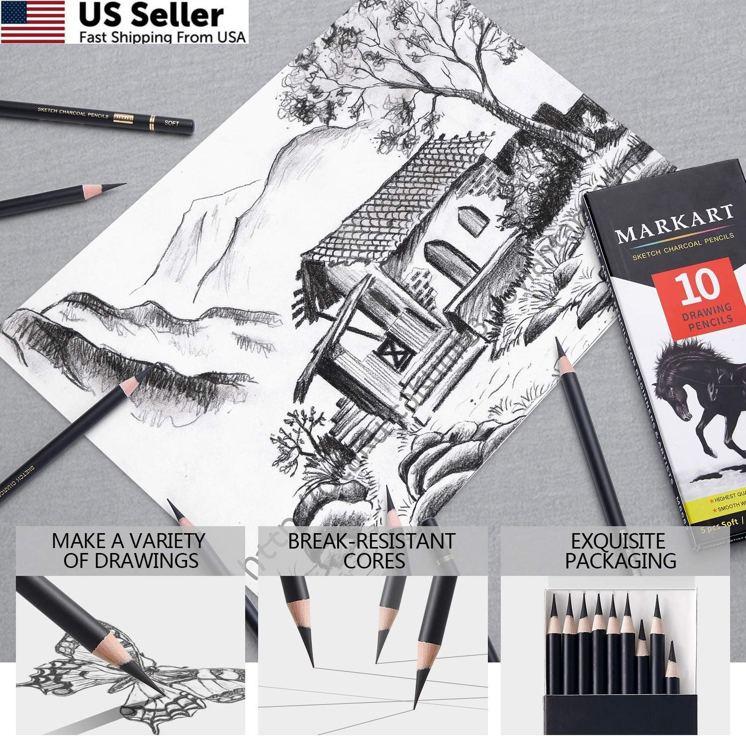 MARKART Professional Charcoal Pencils Drawing Set 10 Count (Pack of 1), Black
