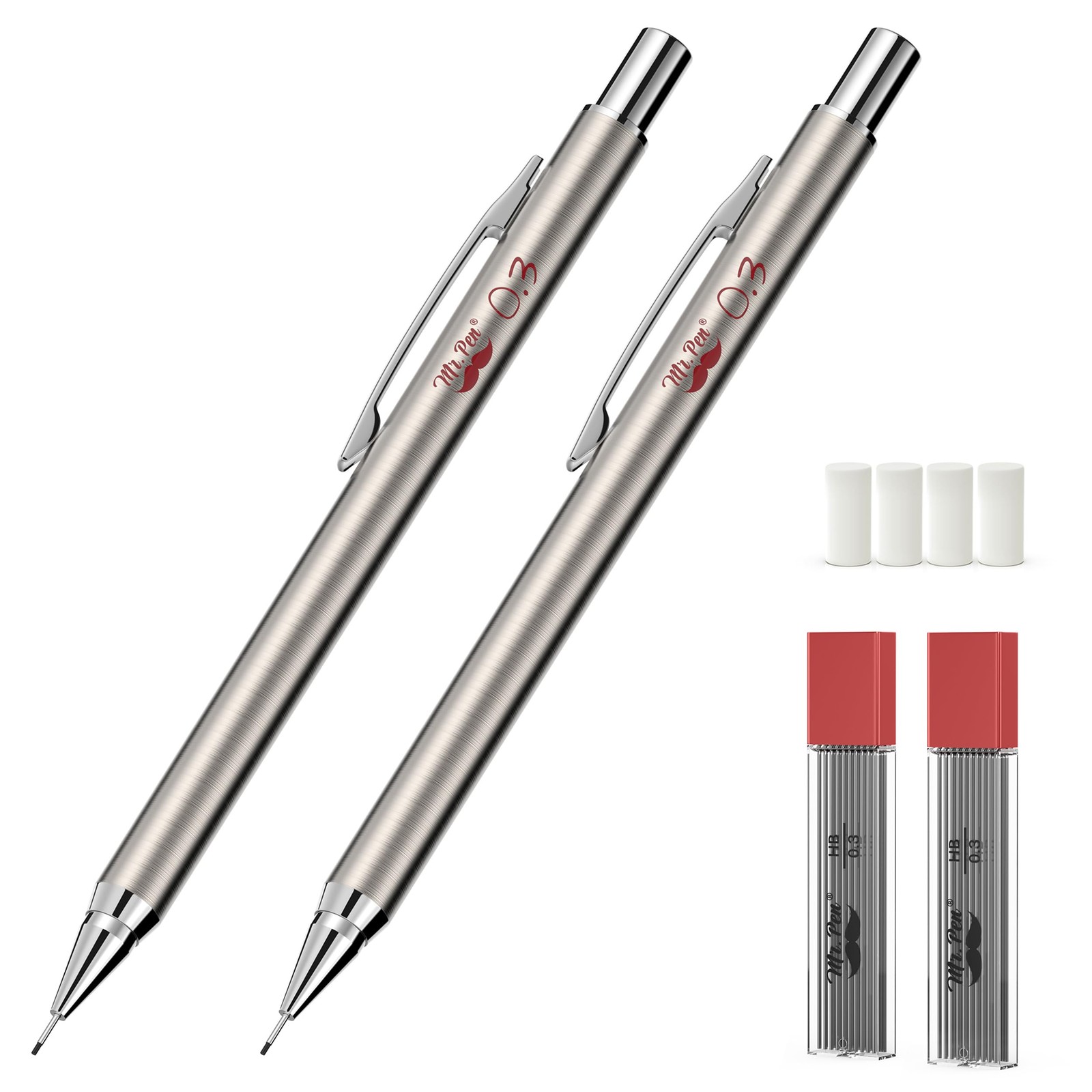 Mr. Pen- Metal Mechanical Pencil Set with Lead Refills & Erasers, 2 Pack, 0.3mm,