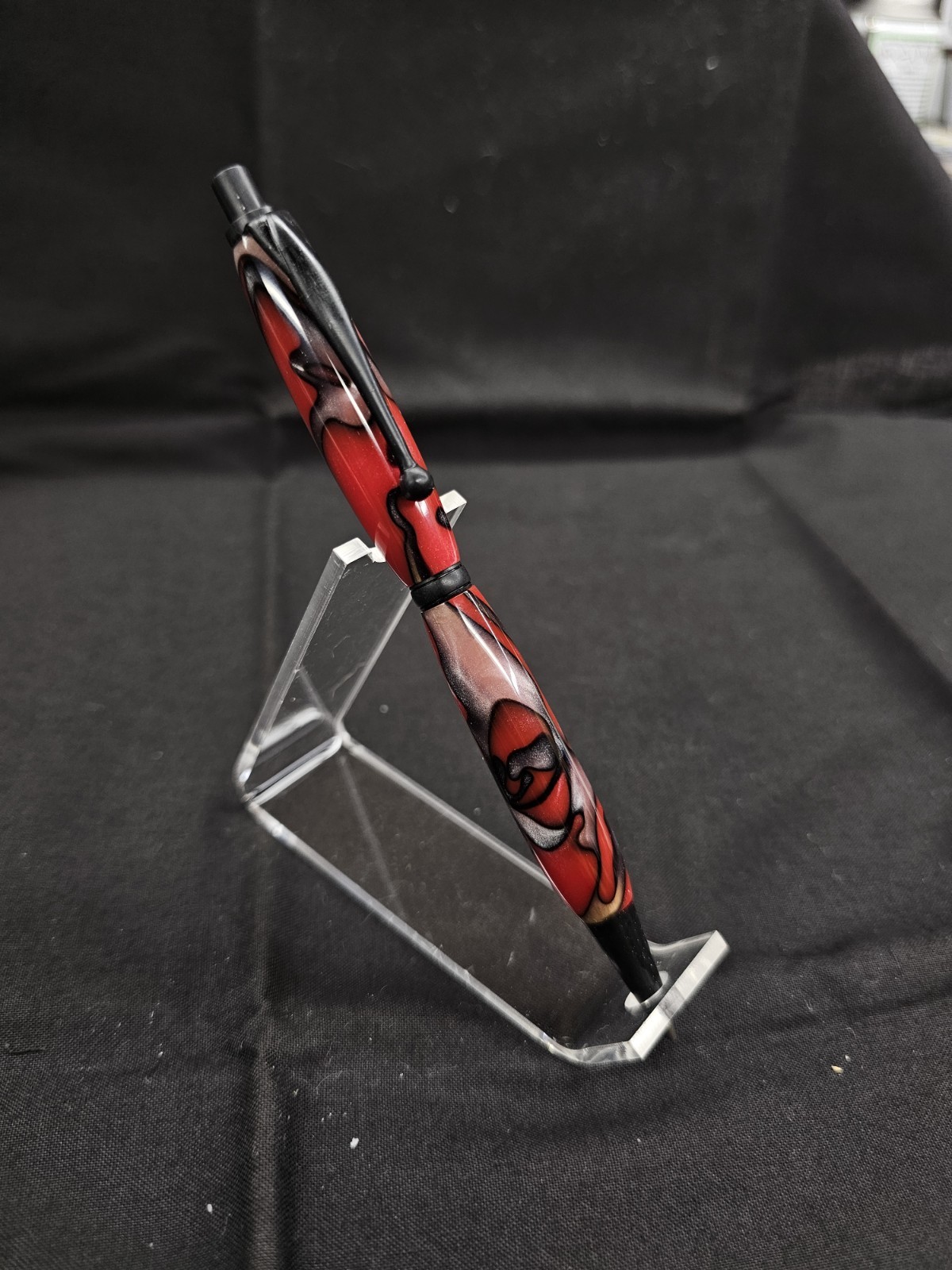 Slimline Mechanical Pencil in Black Enamel w/ a Red w/ Rose Swirled Acrylic