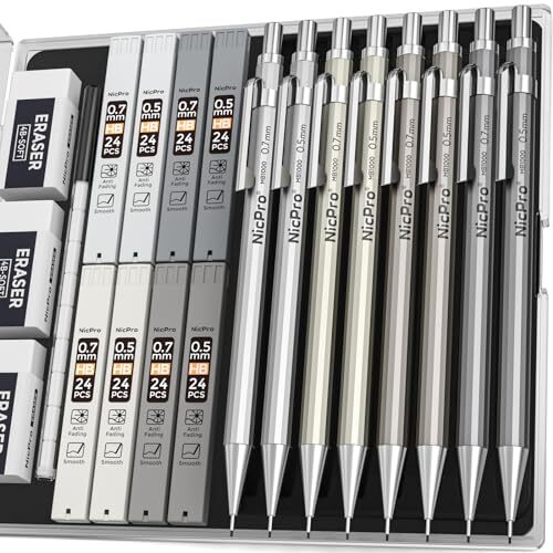 8 Pack 0.5mm & 0.7mm Metal Mechanical Pencil Set, Lead Drafting 0.5mm + 0.7mm