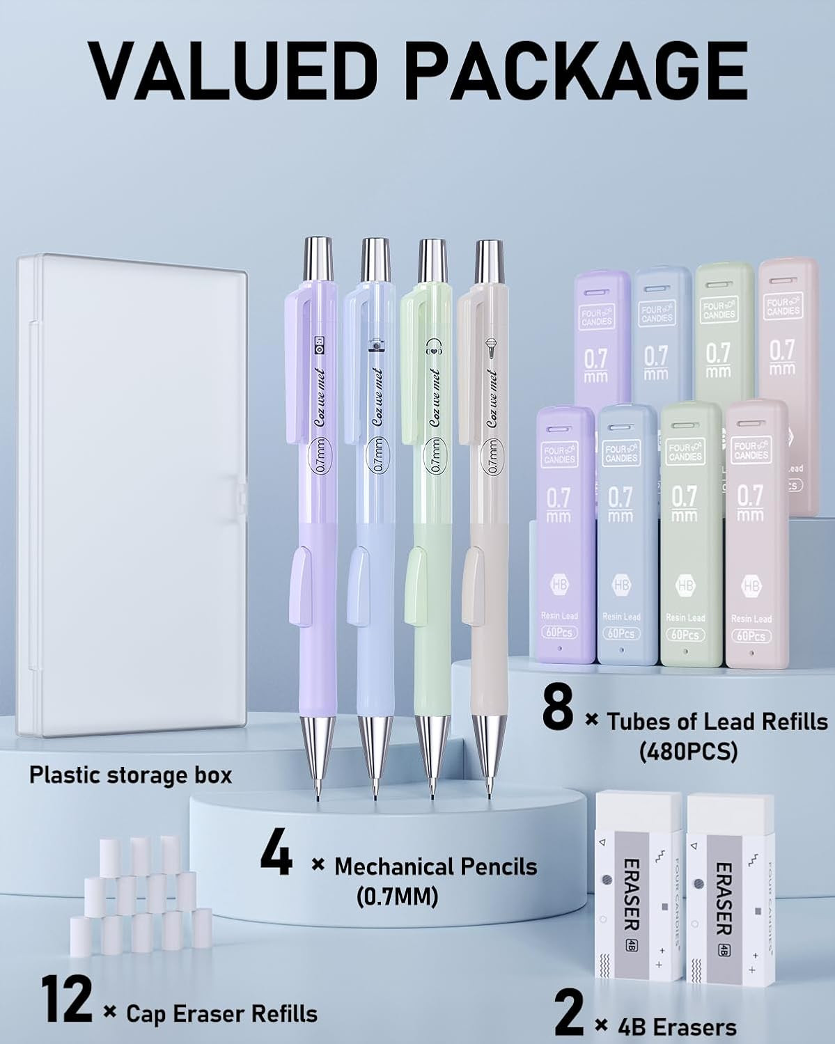 Cute Mechanical Pencil with , 4PCS 0.7Mm Pastel Fast Click Aesthetic Mechanical