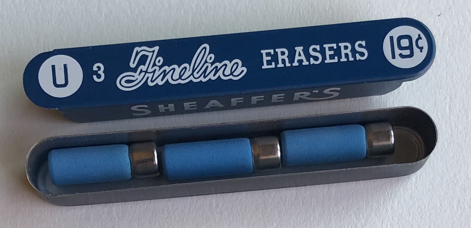 Vintage SHEAFFER Fineline U Mechanical Pencil Erasers Blue NOS 3pk Metal Tin USA