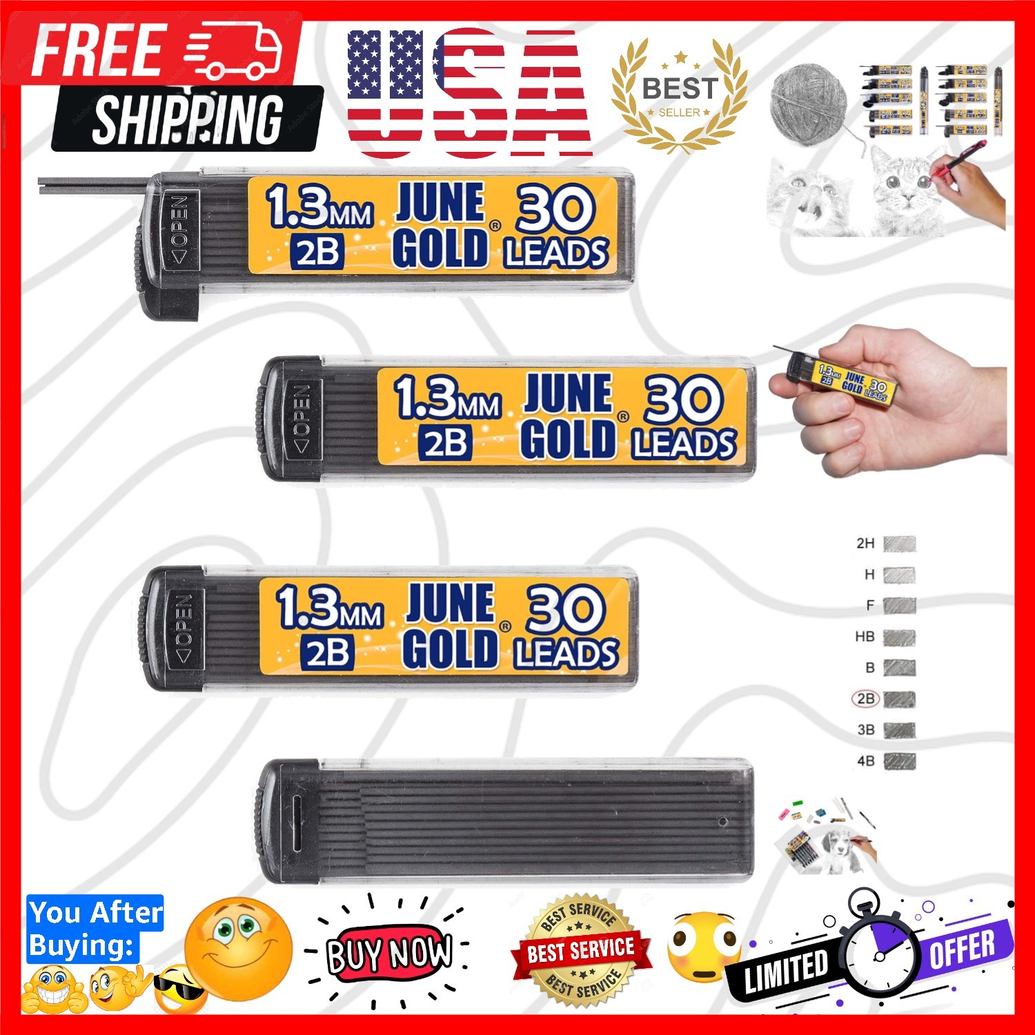 120 Pieces, 1.3 mm 2B Lead Refills, 30 Pieces Per Dispenser, Medium Bold Thic…