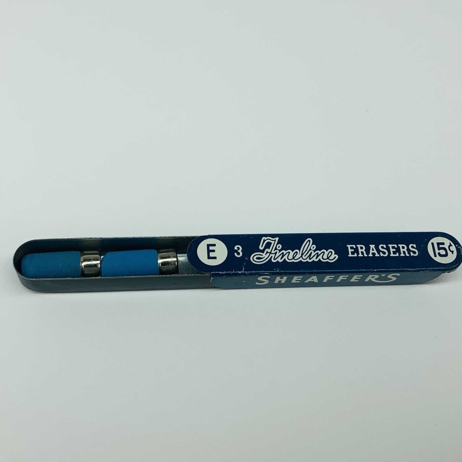 2 Vintage SHEAFFERS Fineline E 3 Mechanical Pencil Erasers & Blue Metal Tin USA