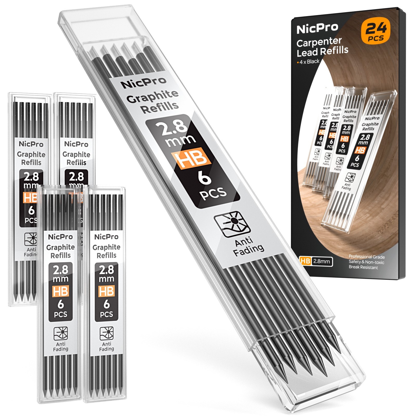Nicpro 24Pcs 2.8mm Carpenter Pencil Leads, Break Resistant, Black