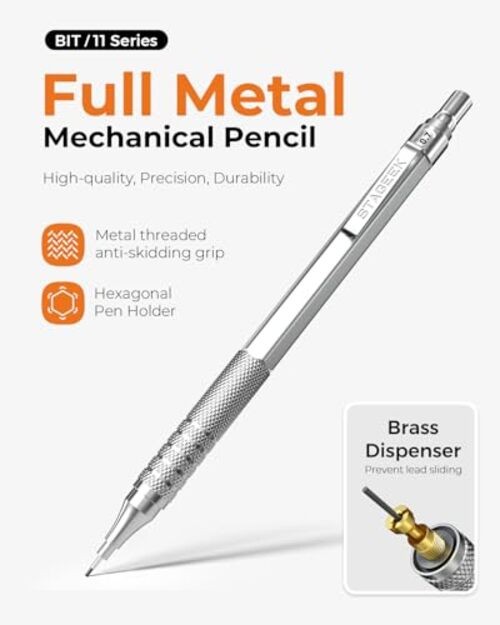Metal Mechanical Pencil Set in Leather Case, 5PCS Silver 0.3 0.5 0.7 0.9 2.0