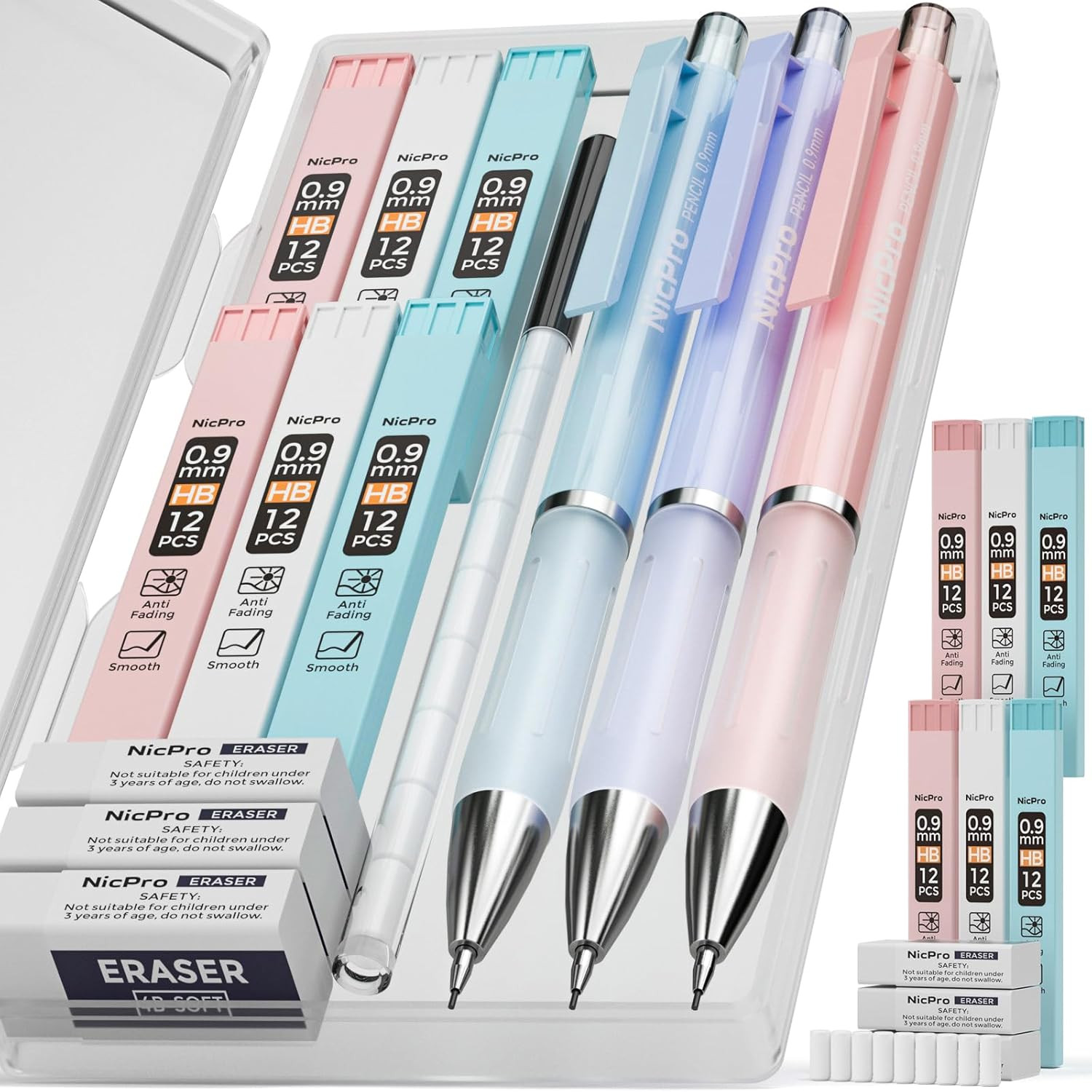 3PCS Pastel Mechanical Pencil Set, 0.9 Mechanical Pencil with 6 Tubes HB Lead 0.