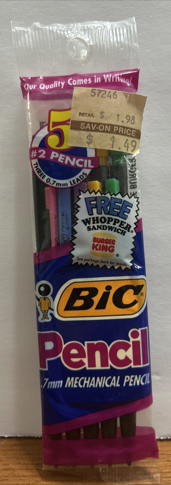 BIC Mechanical Pencils .7 mm, 5 Ct, Burger King Promo 1991 NOS