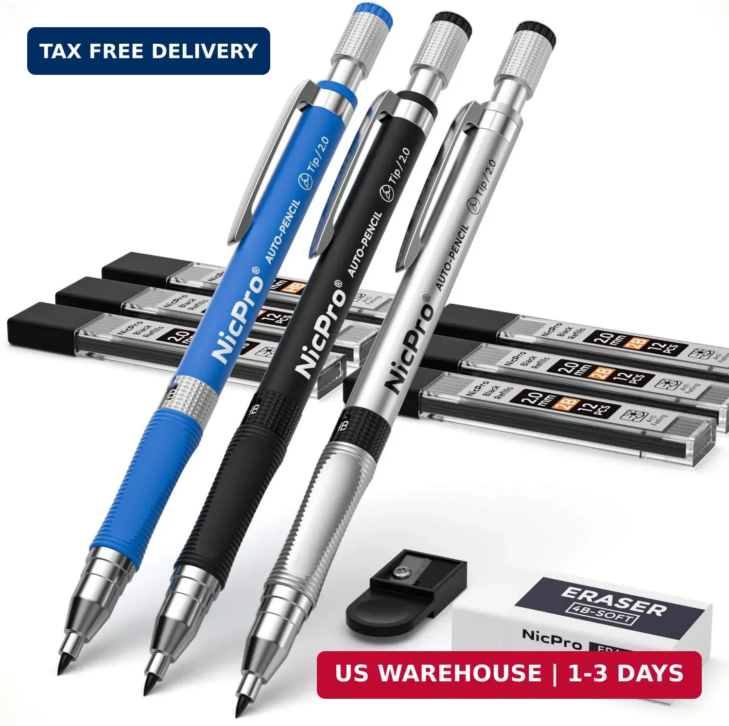 Nicpro 11 Pieces 2mm Mechanical Pencil Set, 3 PCS Carpenter Drafting Pencil 2.0