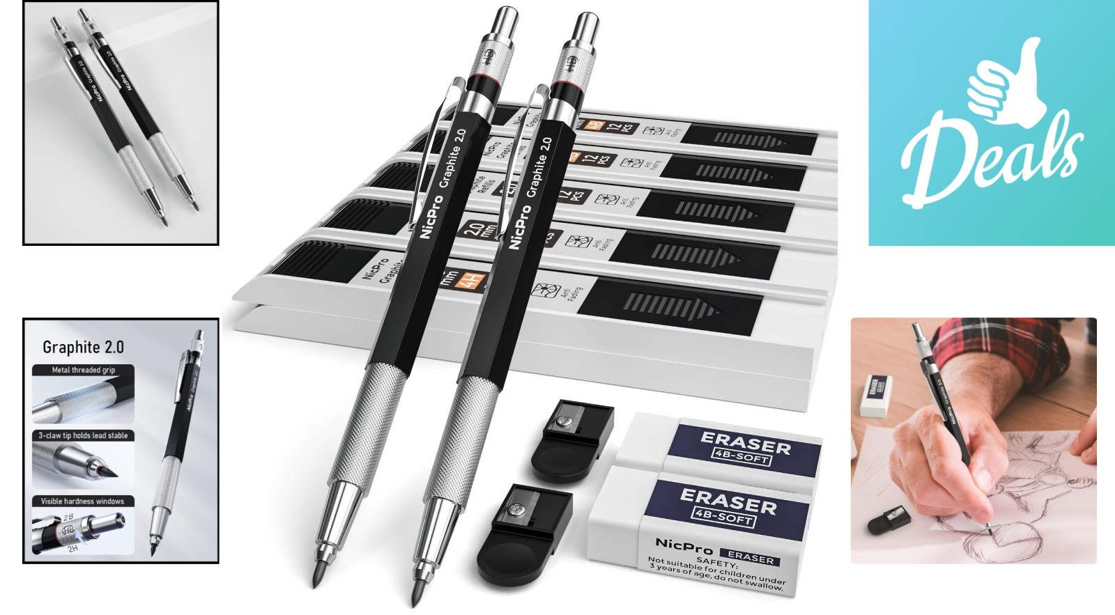 Versatile 2mm Metal Mechanical Pencils Set with Erasers for Drafting & Sketching