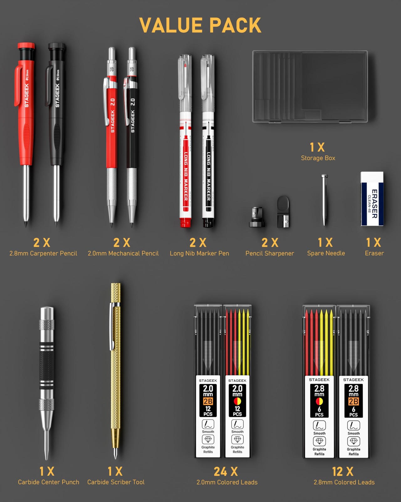 Mechanical Carpenter Pencils Set with Sharpener 60 Refills Scribe Tool 17 Pack