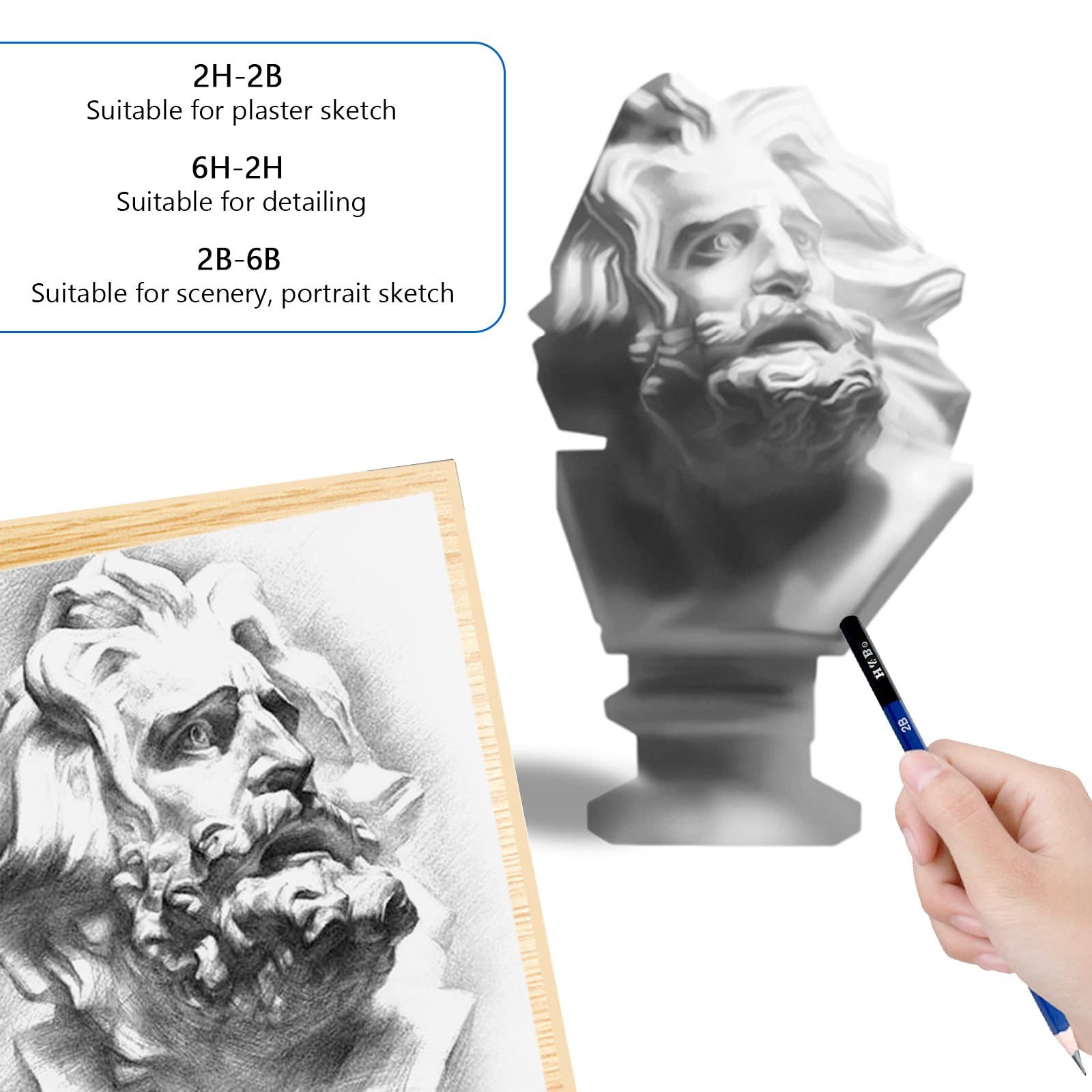 H & B 12 PCS Pencil Drawing Kit, H-4H, F, HB, 12 Count (Pack of 1), Graphite