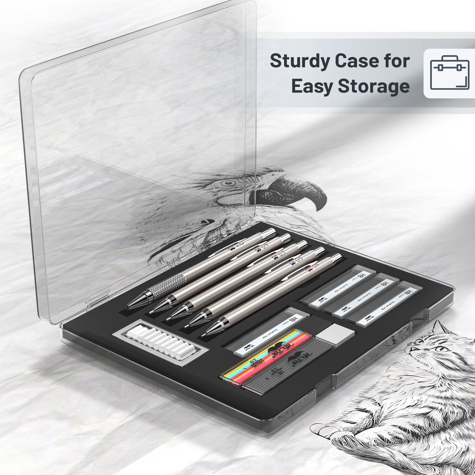 Metal Mechanical Pencil Set with Lead and Eraser Refills, 5 Sizes