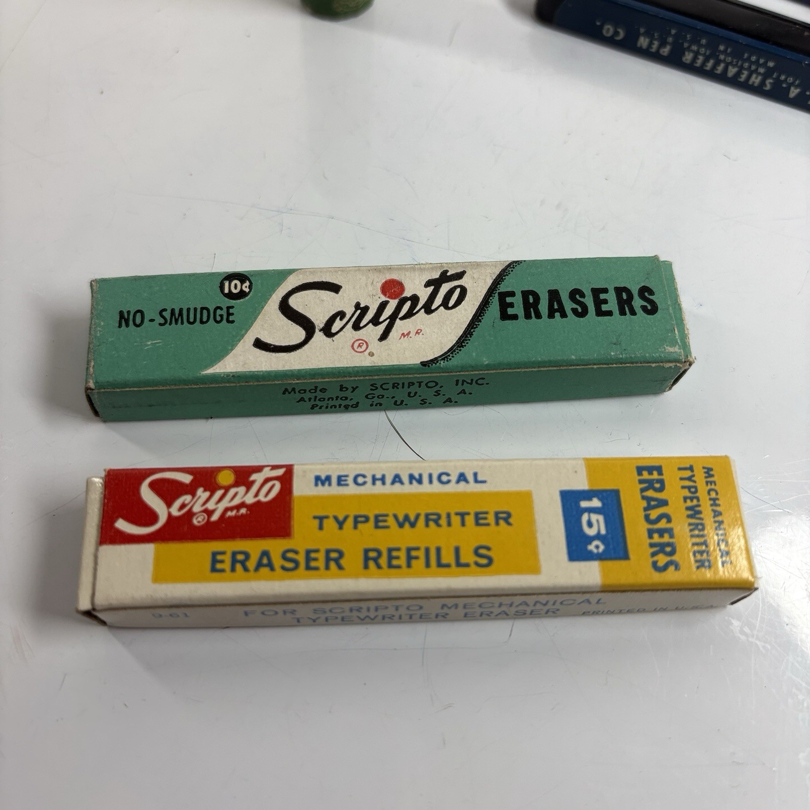 Vtg Scheaffer & Scripto Erasers Lot Mixed Variety Advertising Tins Wood Tube 5 p