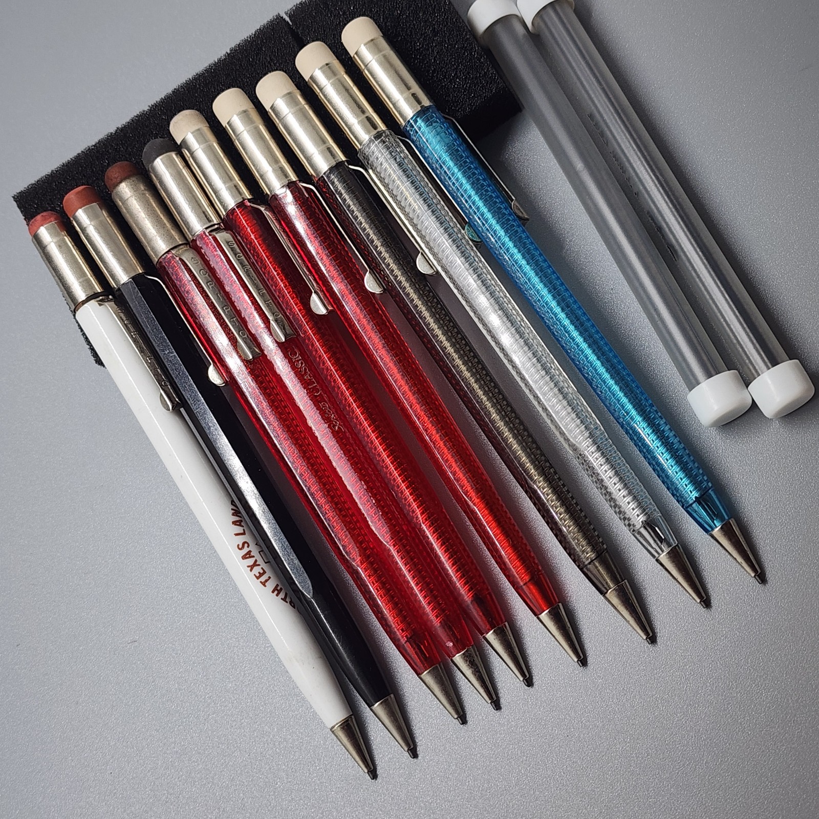 9 Vintage SCRIPTO Classic Mechanical Pencils Translucent Red Blue Smoke + Lead