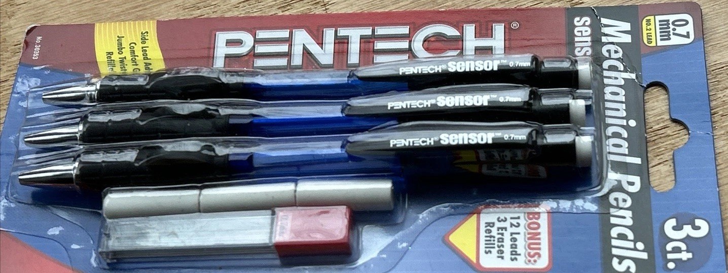 NOS 3 Pentech Sensor Mechanical Pencils .7mm 2006 New In Package Leads, Erasers