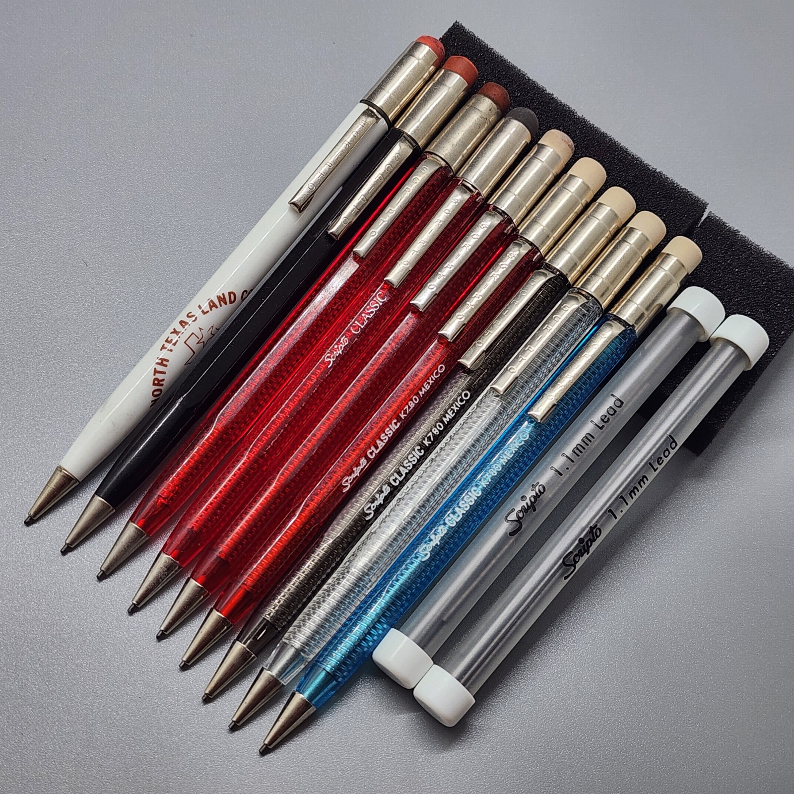 9 Vintage SCRIPTO Classic Mechanical Pencils Translucent Red Blue Smoke + Lead