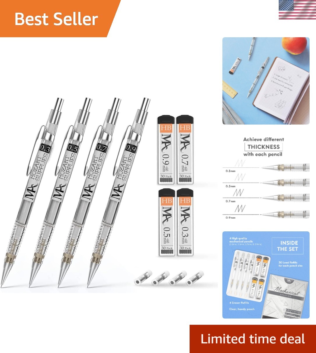 MozArt Mechanical Pencil Set with Case – 4 Sizes: 0.3, 0.5, 0.7 & 0.9mm with …