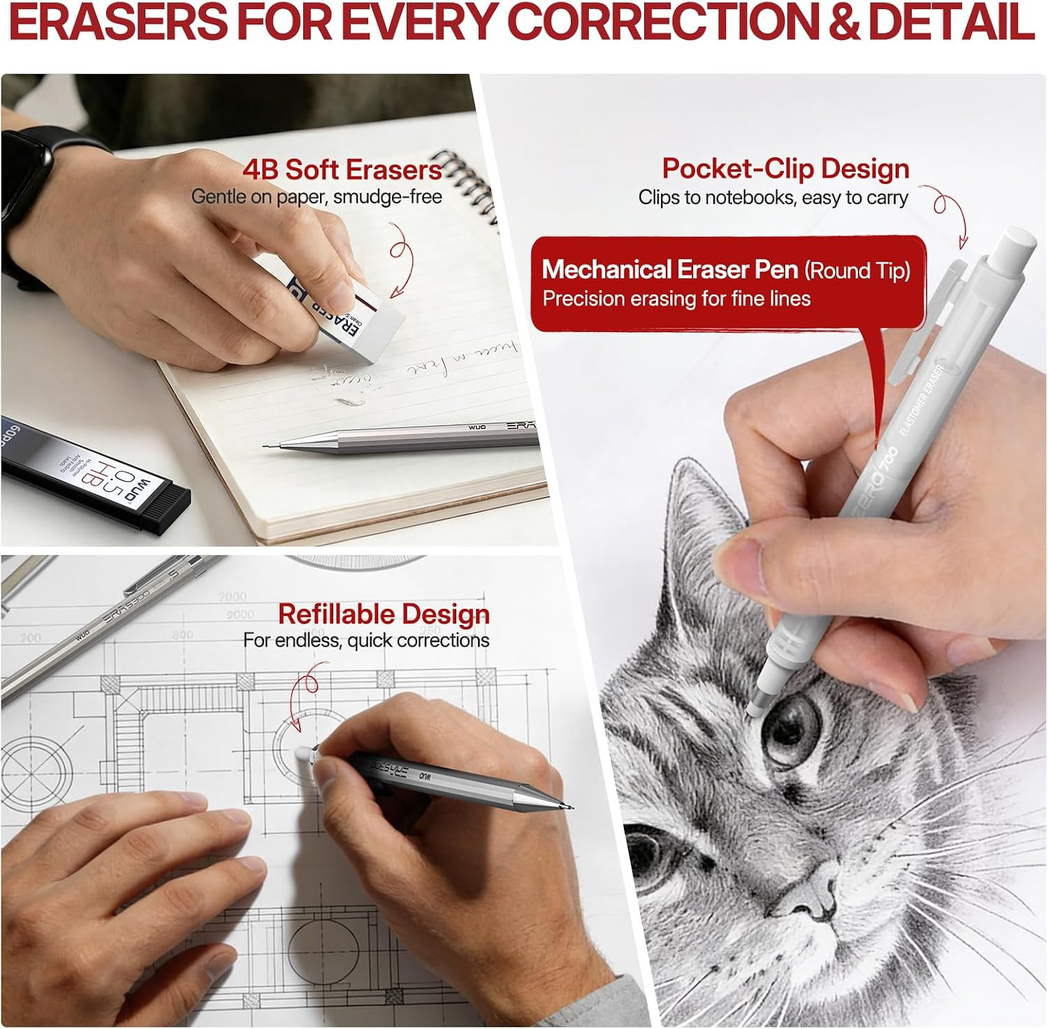 0.5Mm Mechanical Pencil Set with Eraser Pen, 4PCS Metal Mechanical Pencils, 480