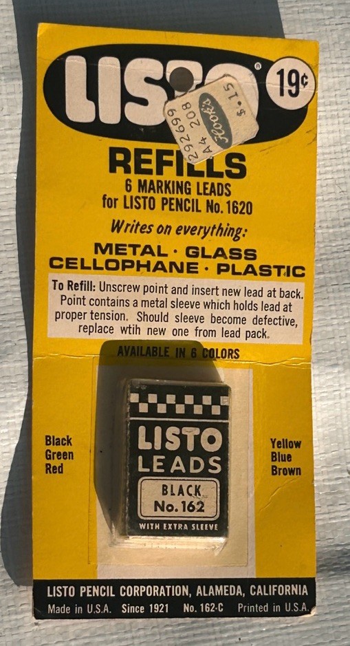 Vintage Listo Leads Refills Black No. 162 6 Marking Leads NOS W/Extra Sleeve