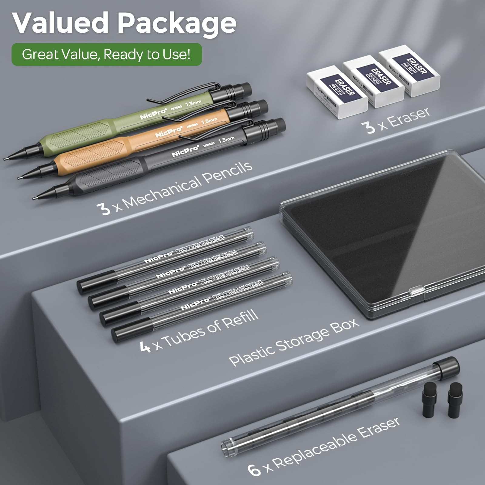 Nicpro 3 PCS 1.3 mm Mechanical Pencils Set 3 Colors 3 Pack, Black,Green,Brown