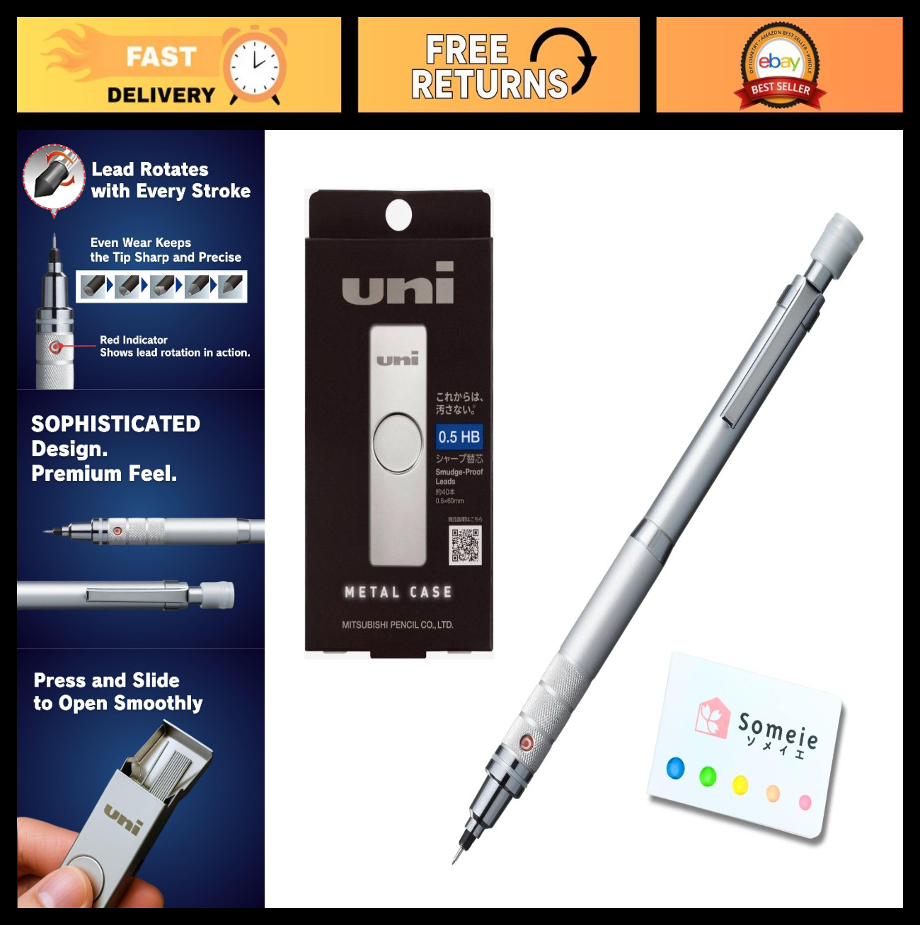 0.5mm Mechanical Pencil Set with Metal Case, 40 HB Lead Refills & Sticky Notes,