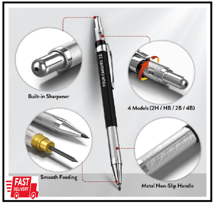 Four Candies 2MM Mechanical Pencil Set with Case, Artist Lead Pencil Metal Lead
