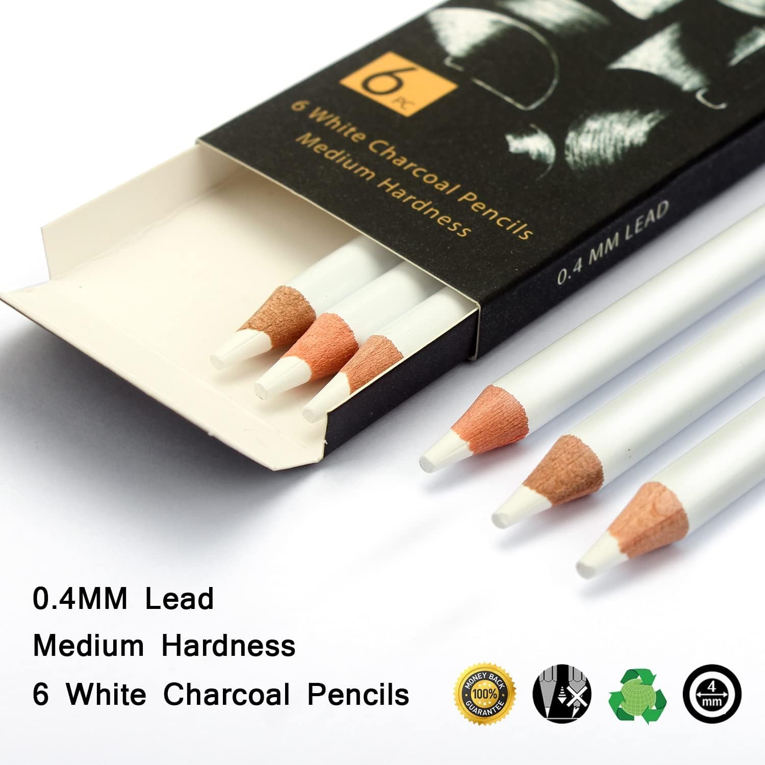 White Charcoal Pencils Drawing Set, Professional 6-Piece Sketch,