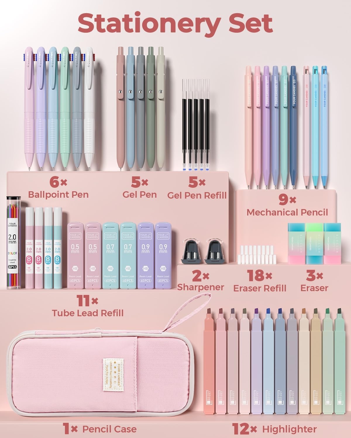 Aesthetic School Supplies Four Candies 56 PCS Pink