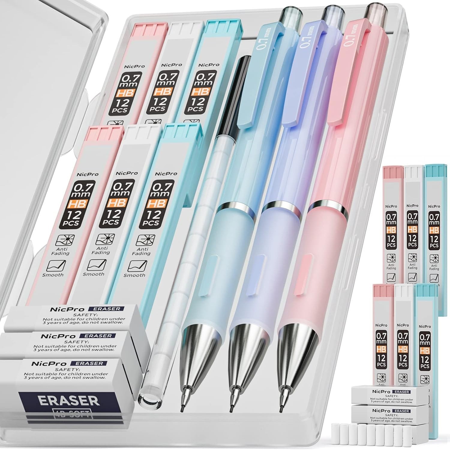 3PCS Cute Mechanical Pencil Set with Case, 0.7 mm Pencils with 6 Tube HB Lead…