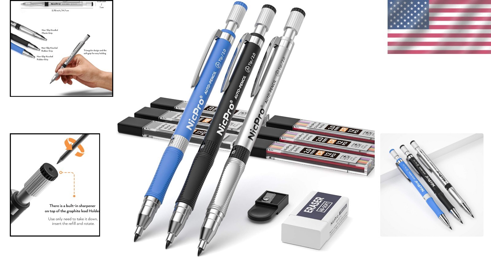 Artist-Approved 2mm Mechanical Pencil Kit with 6 Color Refills & Non-Slip Grip