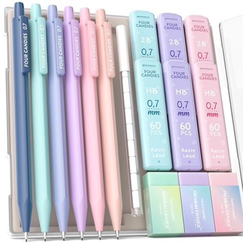 6PCS Cute Mechanical Pencil Set with 372 Leads & Erasers, 0.7mm 6PCS 0.7 mm