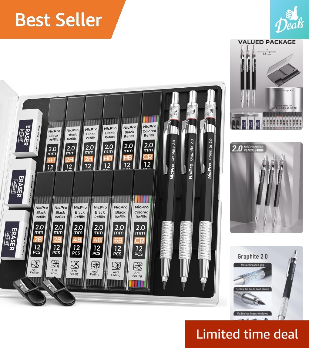Ergonomic 2mm Metal Pencil Set with 144 Refill Leads for Precision Writing