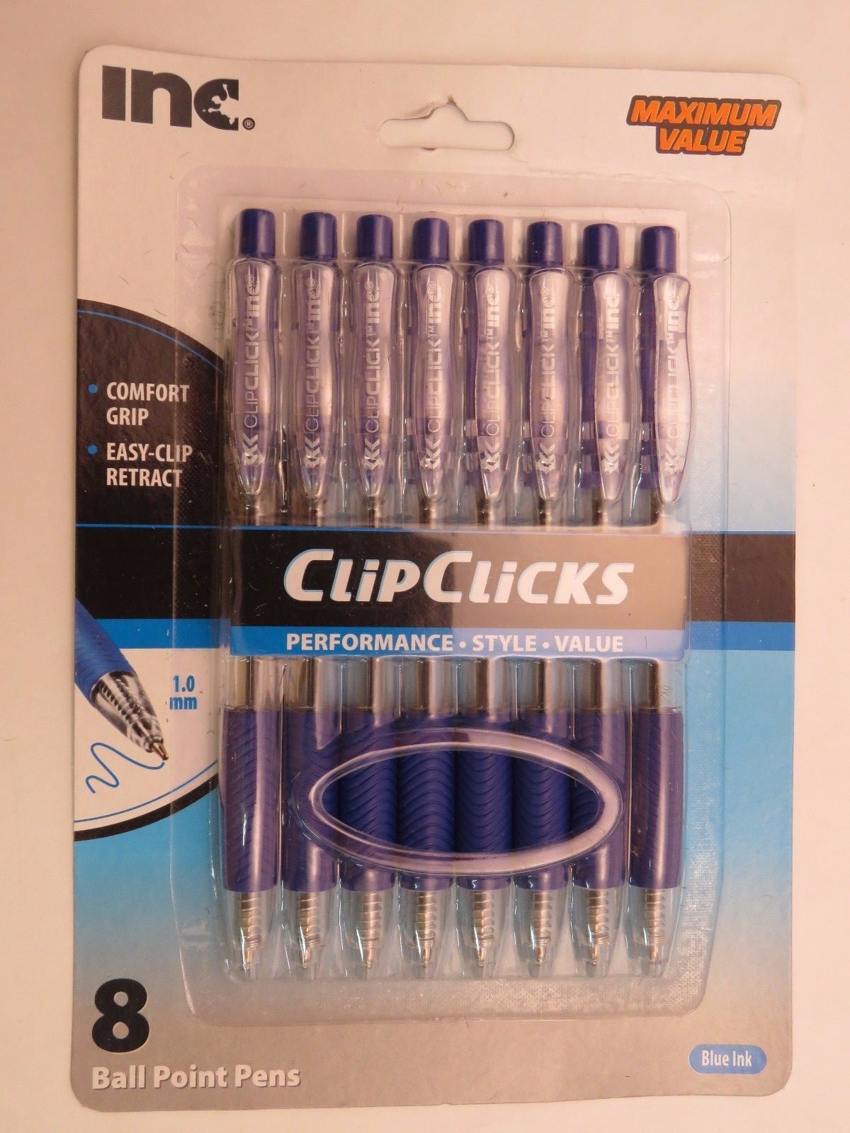 8 INC. ClipClick Ink Ball Point PENS ~ Easy Retract & Comfort Grip; 1.0 Blue Ink