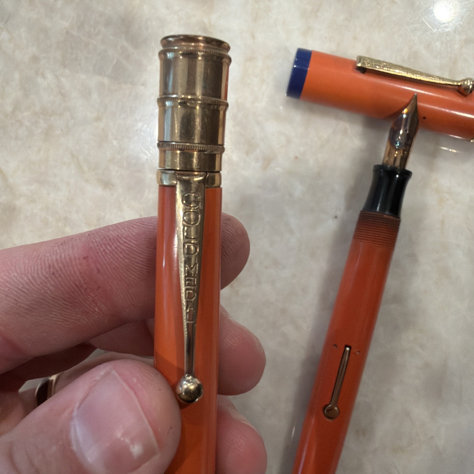 Gold Medal Vintage Red Orange Hard Rubber Pencil And Oversized Fountain Pen Set