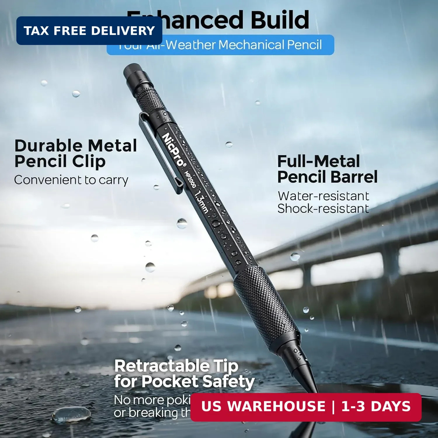 Nicpro 3 PCS 1.3 mm Blacke Mechanical Pencils Set with 48 Lead Refill, 3 Eraser