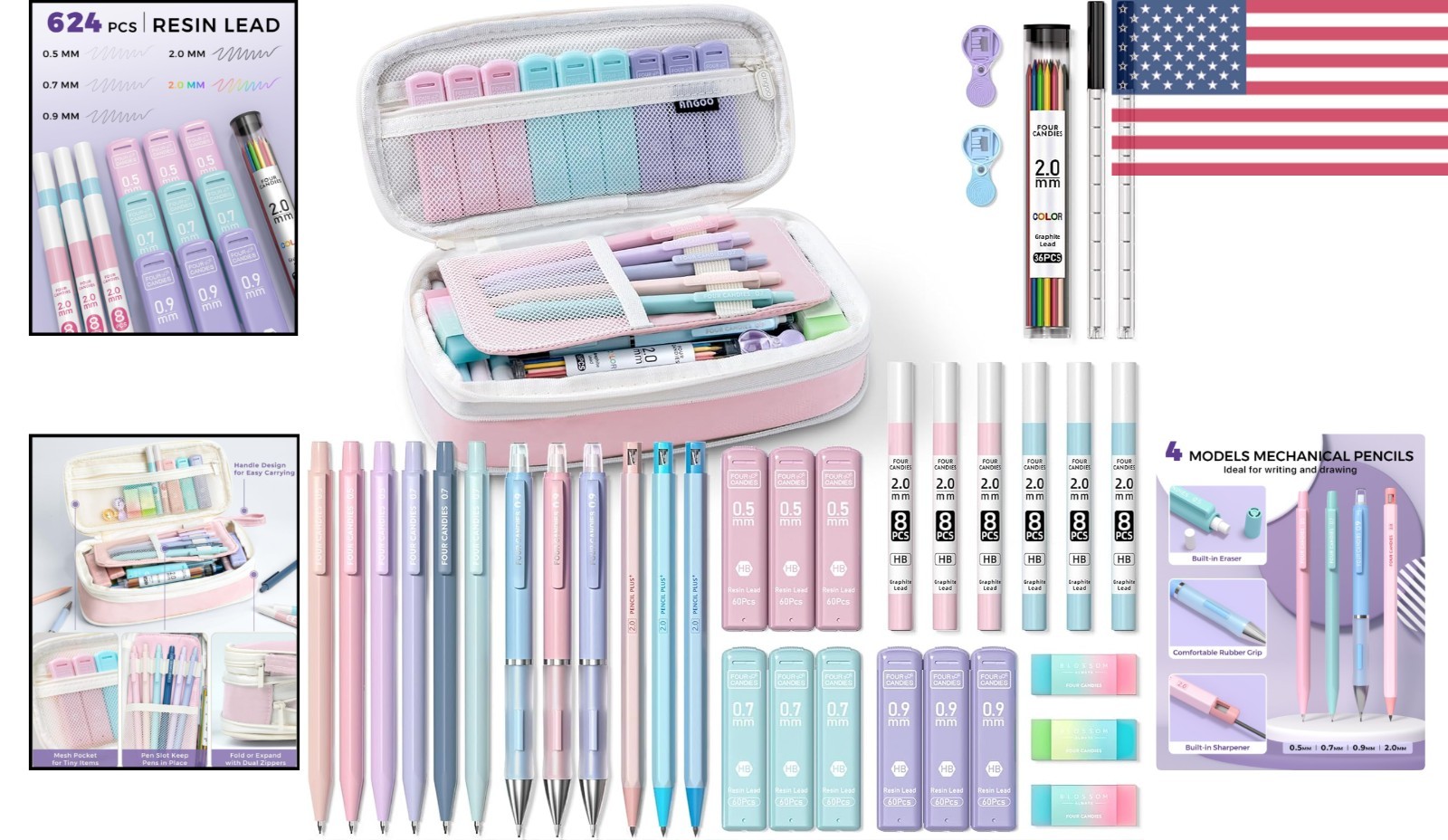 36PCS Aesthetic Pink Mechanical Pencil Set with 624 Lead Refills for Creativity