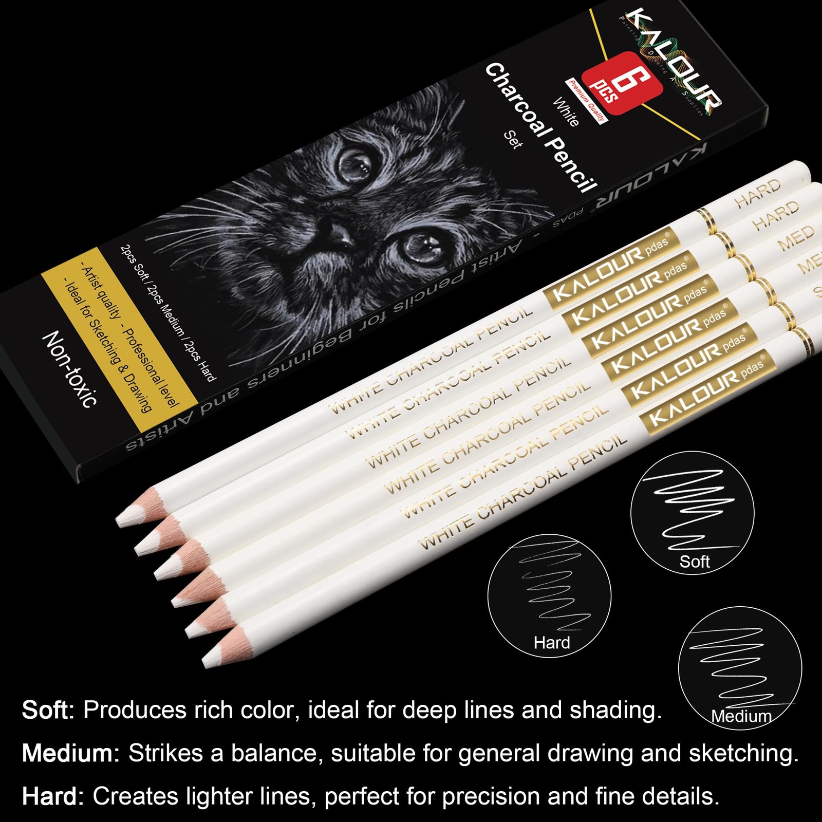 KALOUR White Charcoal Pencils Drawing Set, 1 Count (Pack of 6),