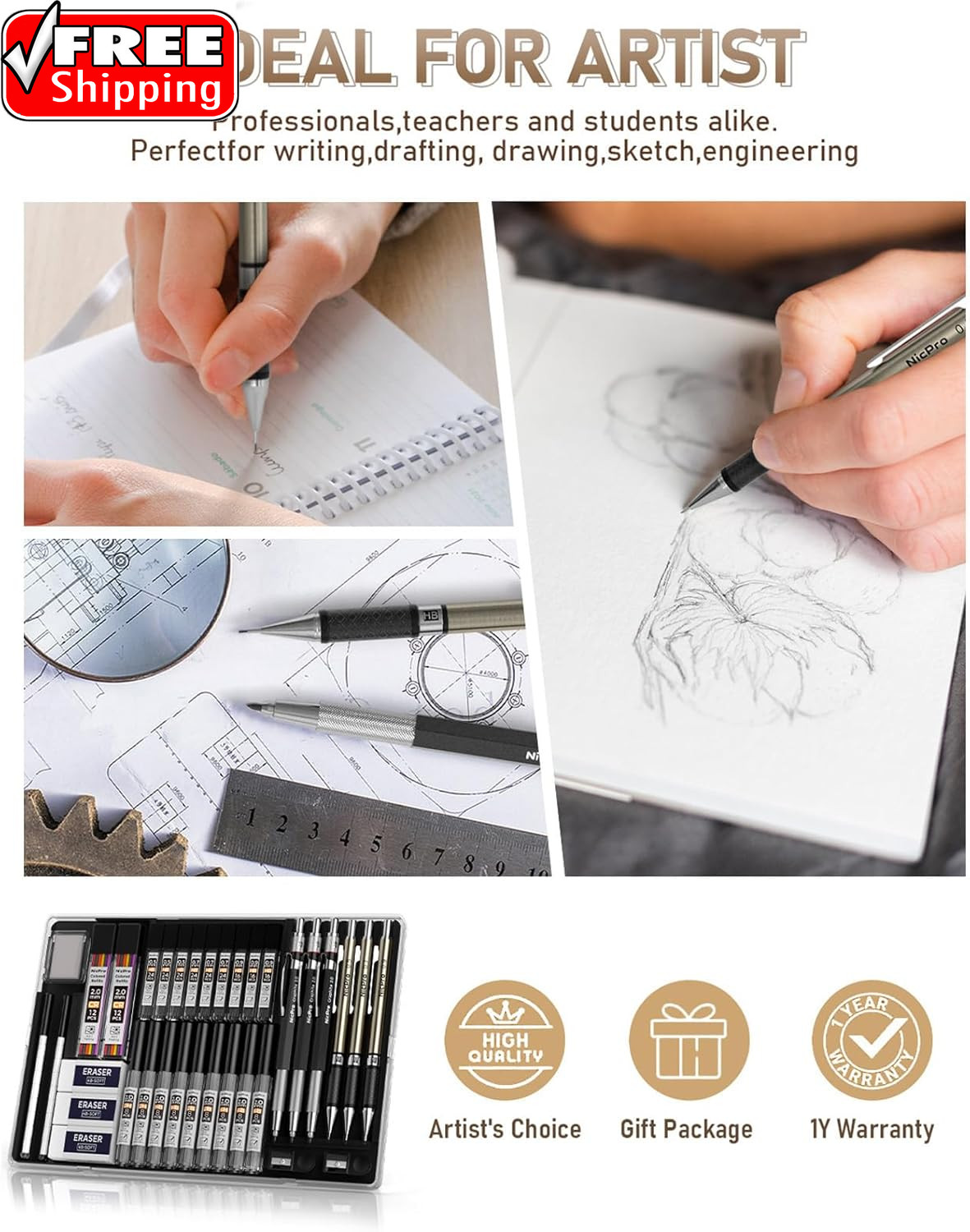 35PCS Art Mechanical Pencil Set, 3 PCS Metal Drafting Pencil 0.5 Mm & 0.7 Mm & 0