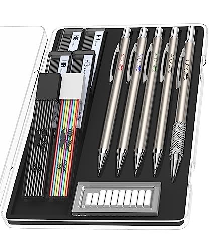 – Metal Mechanical Pencil Set with Lead and Eraser Refills, 5 Sizes