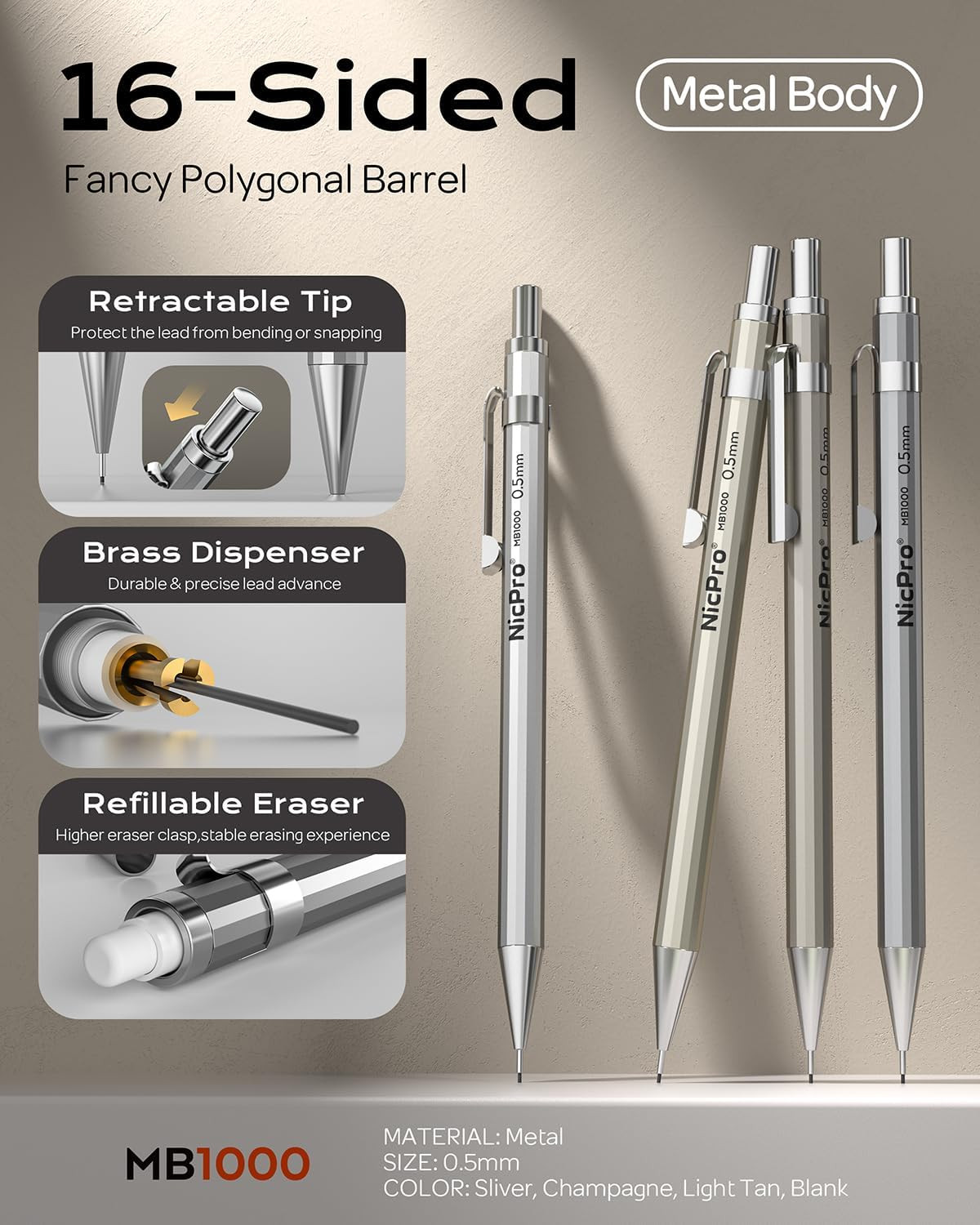 0.7Mm Mechanical Pencil Set with Case – 4PCS Metal Mechanical Pencils, 8 Tubes H