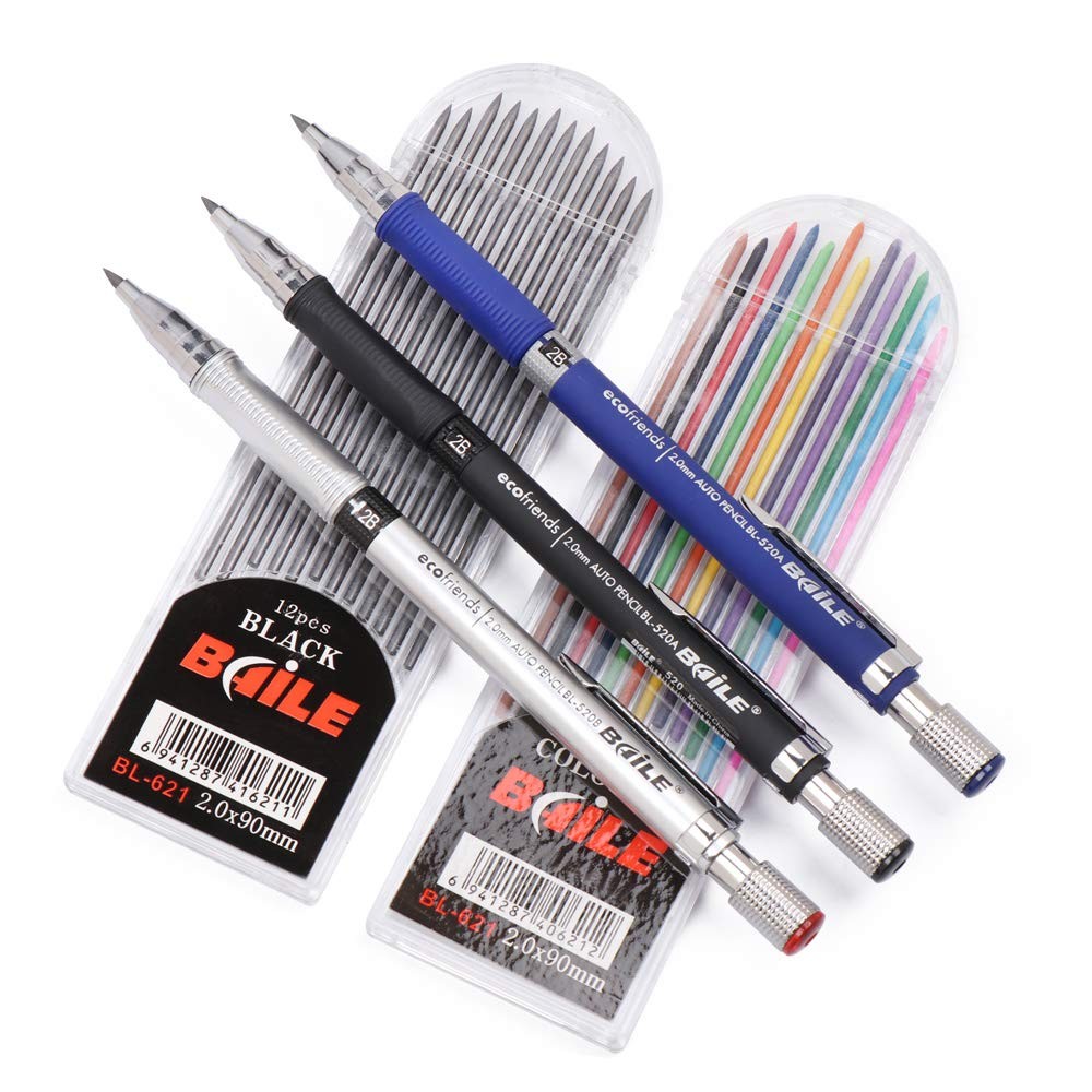 5pcs 2.0 mm Mechanical Pencil Lead Holder Set, 3pcs Automatic Multicolor