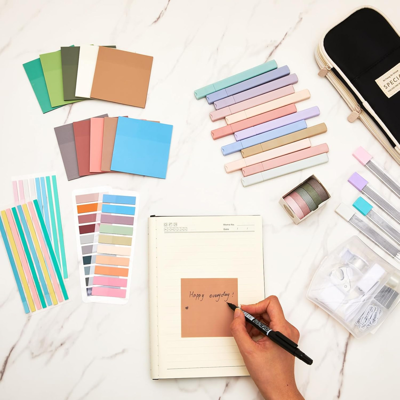 Aesthetic Stationery Set with Mini Stapler Highlighters Sticky Notes Notebook