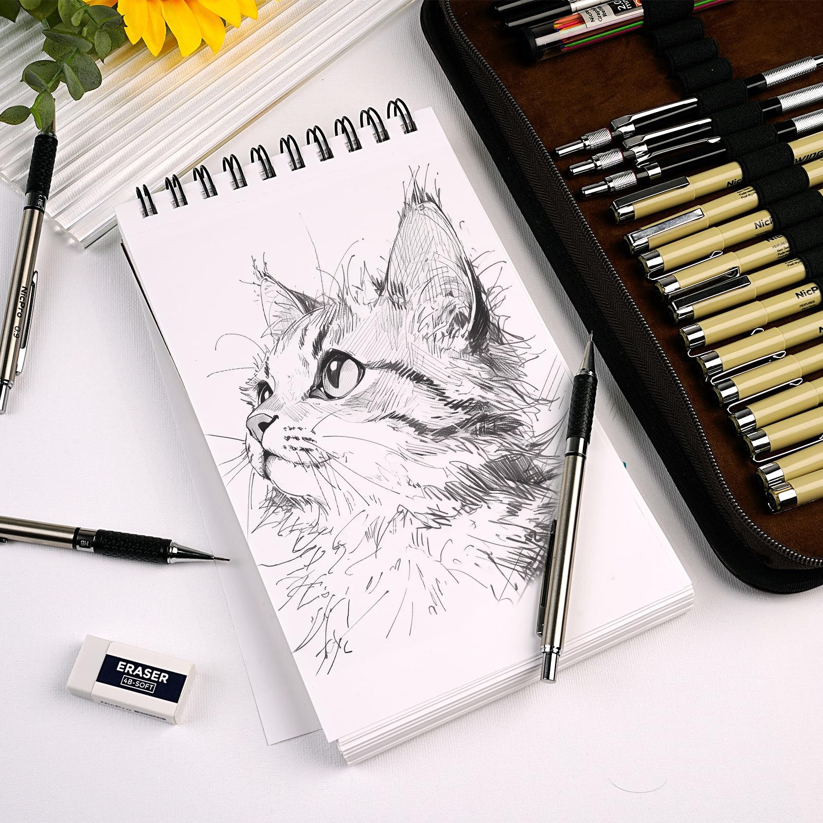 Nicpro 58 PCS Art Drawing Supplies Kit in 0.5mm 0.7mm 0.9mm 2.0mm, Black