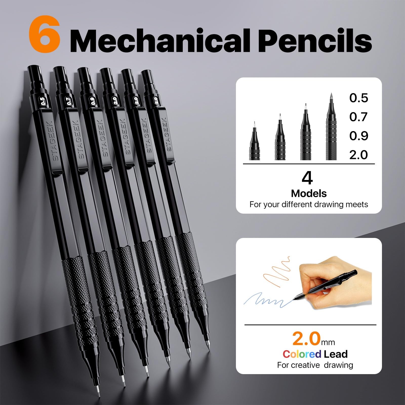 35PCS Art Mechanical Pencil Set in Case，0.5 0.7 0.9 2.0 Graphite Metal Black
