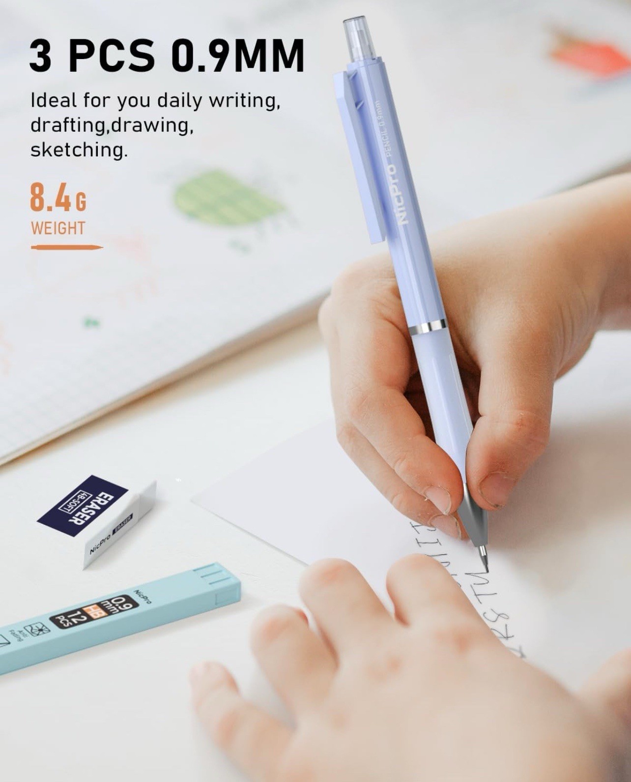 3PCS Pastel Mechanical Pencil Set, 0.9mm Mechanical Pencil with 6 Tubes Lead